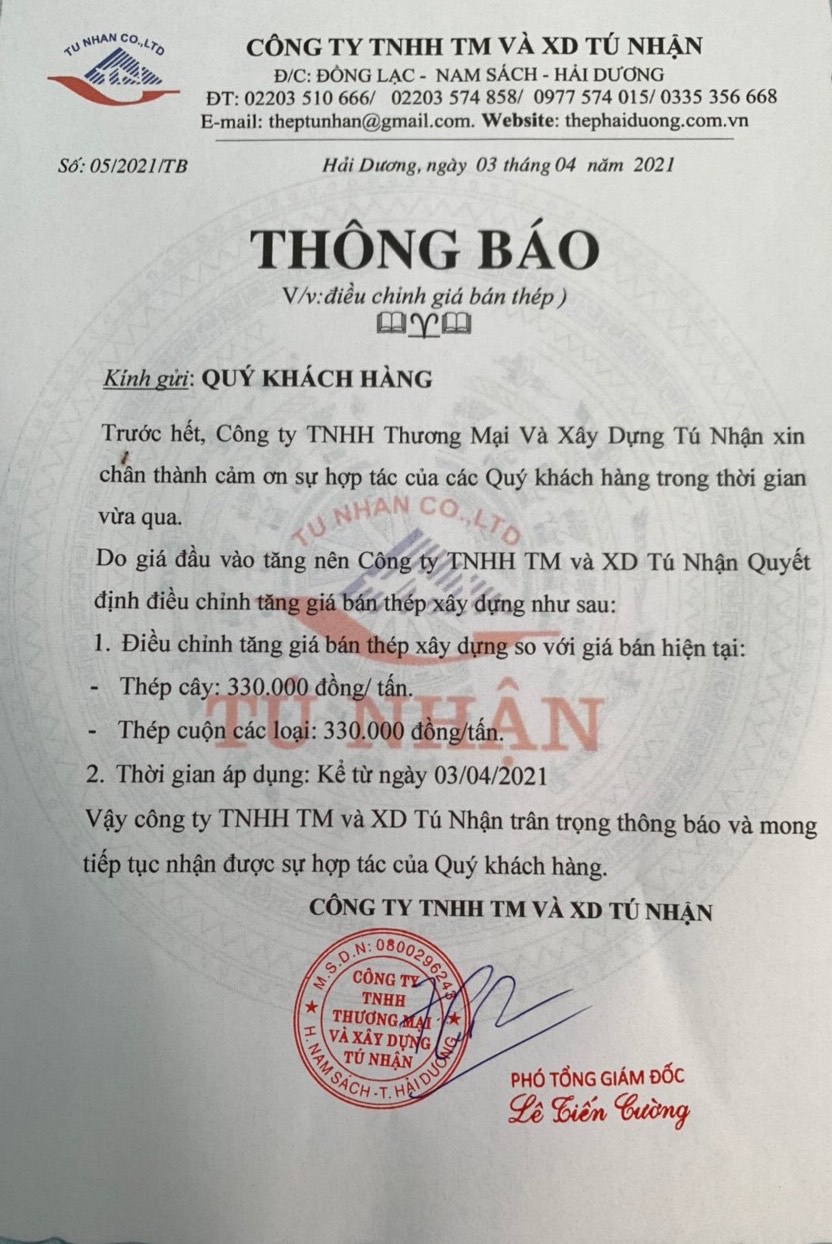 thông báo điều chỉnh giá thép