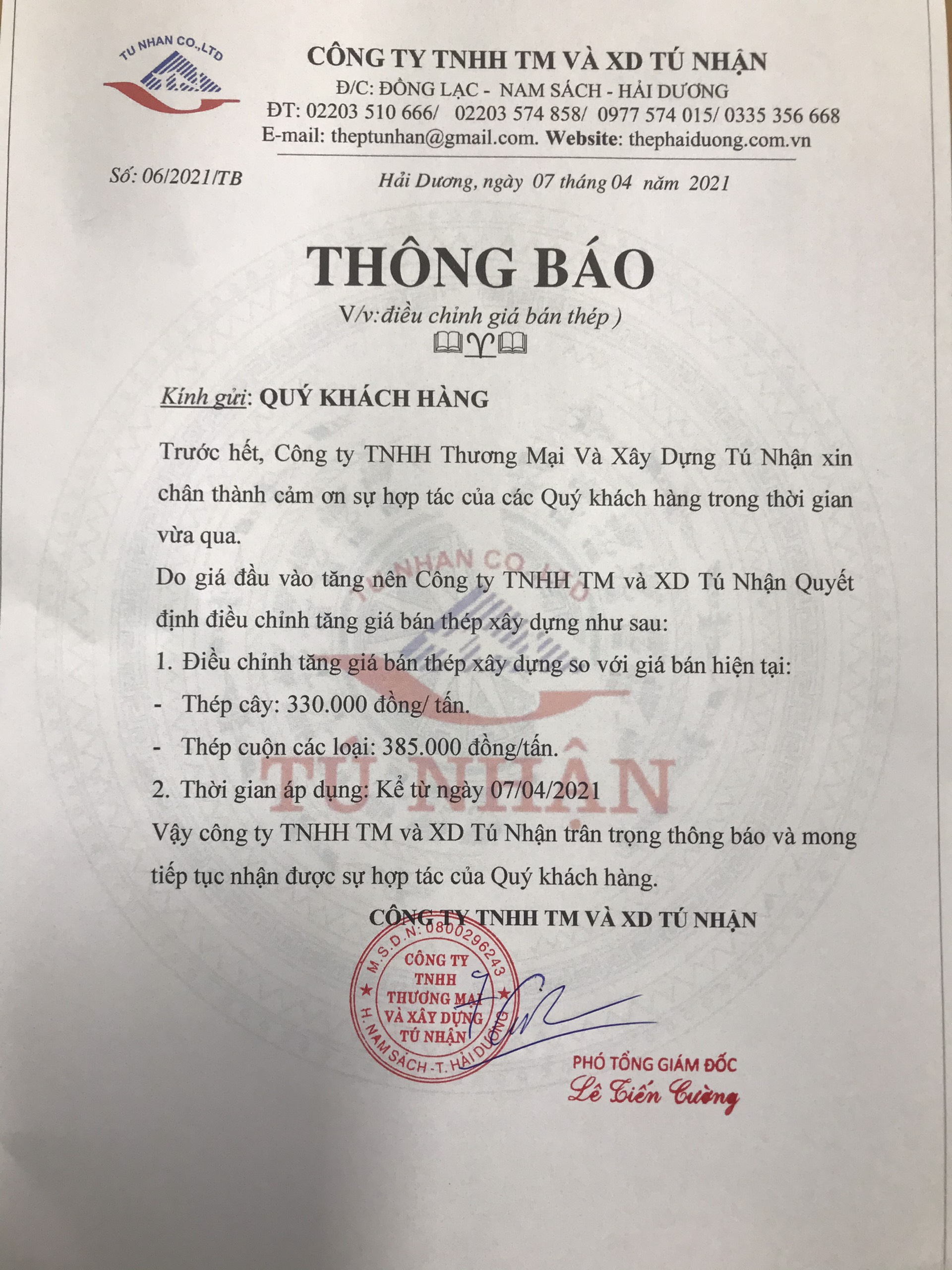 thông báo điều chỉnh giá thép